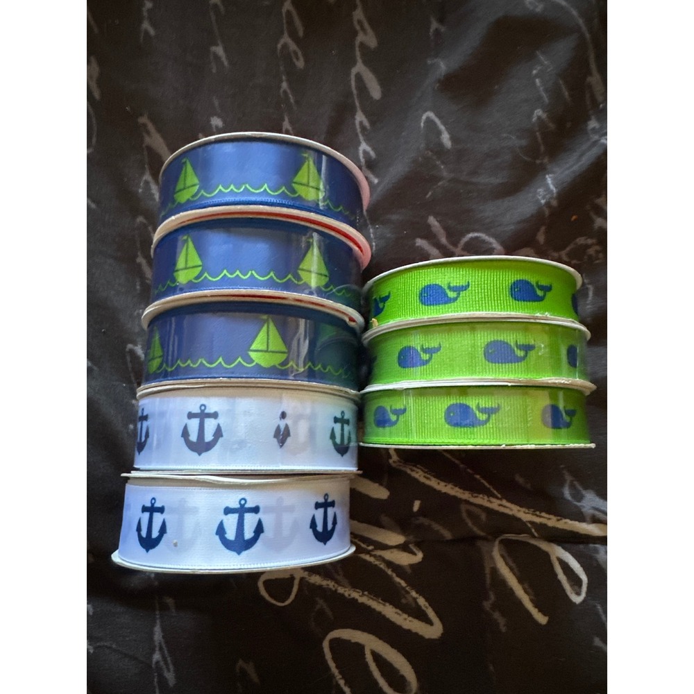 Craft Smart Nautical Ribbon Bundle Sailboat Whale Anchor 8 Spools Blue Green